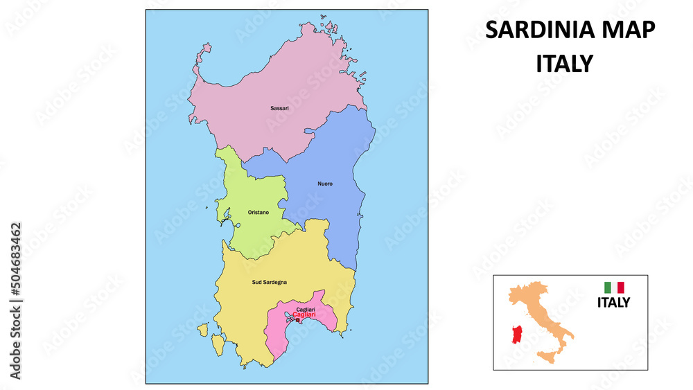 Wall mural Sardinia Map. State and district map of Sardinia. Political map of Sardinia with neighboring countries and borders.