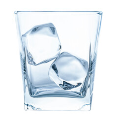 Ice cubes in Glass. Whiskey, Bourbon or Brandy Glass. Real ice cube. Empty Glass for Alcohol Drink....