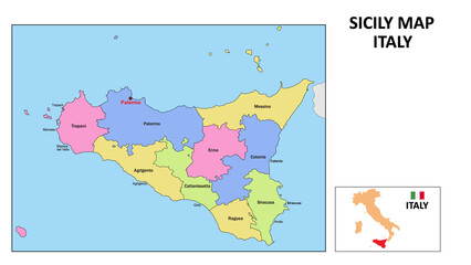 Sicily Map. State and district map of Sicily. Political map of Sicily with neighboring countries and borders.