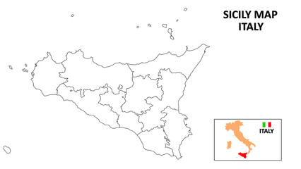 Sicily Map. State and district map of Sicily. Political map of Sicily with outline and black and white design.