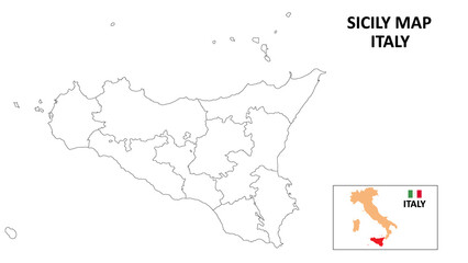 Sicily Map. State and district map of Sicily. Political map of Sicily with outline and black and white design.