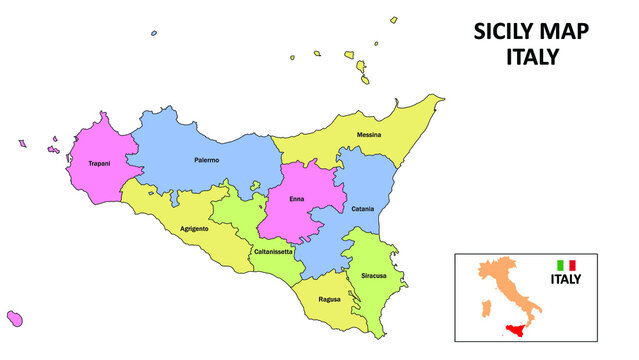 Sicily Map. District map of Sicily in District map of Sicily in color with capital.