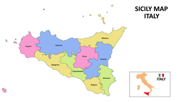 Sicily Map. District map of Sicily in District map of Sicily in color with capital.