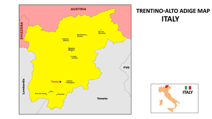 Trentino-Alto Adige Map. State and district map of Trentino-Alto Adige. Political map of Trentino-Alto Adige with the major district