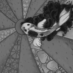Black and White handmade illustration of a koi fish with a background of oranges, flowers and waves.