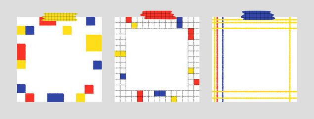 Set of blank notepad hand drawn vector illustration in Piet Mondrian style. Template paper for sticker note, memo, list. Isolated. - 504685277