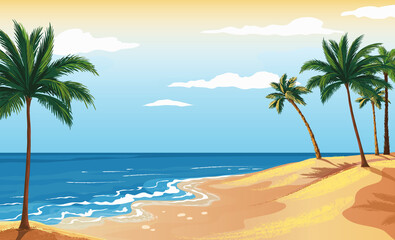 Palm beach. Sunny ocean paradise landscape with coconut tree. Seaside with yellow sand, summer vacation horizontal background, travel panorama, tropical resort vector sea island scenic