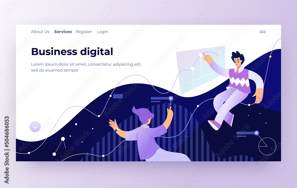 Poster people workflow. website landing page. digital business. creative workspace with concept job persons