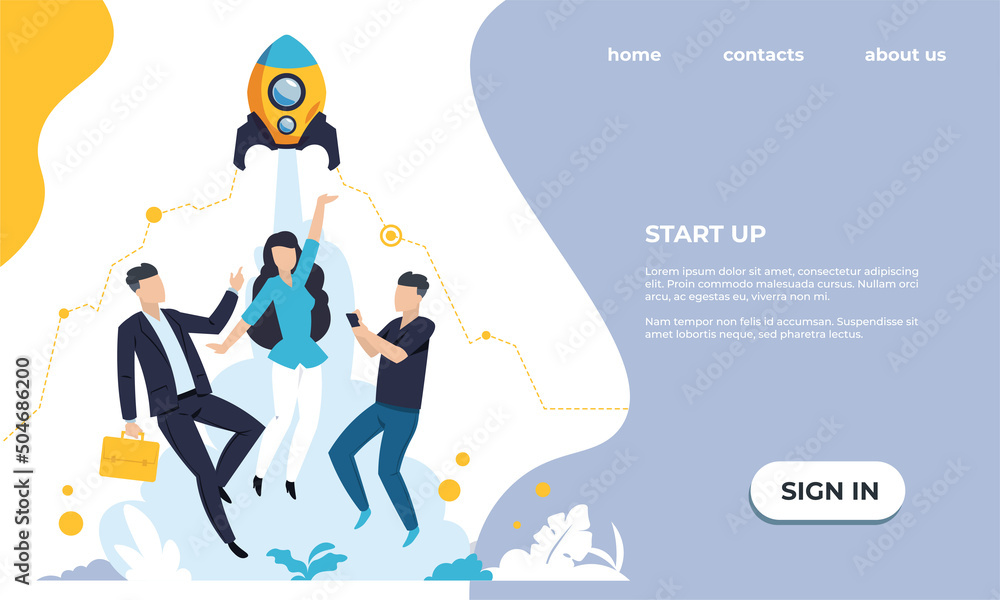 Fototapete Business startup landing page. Website UI template. Time management and workflow optimization. Project development. Workers cooperation. Vector colorful interface with text and buttons