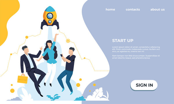Business startup landing page. Website UI template. Time management and workflow optimization. Project development. Workers cooperation. Vector colorful interface with text and buttons