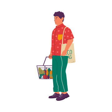 Vegans and organic food. Vegetarian with natural meal. Character buying vegetables. Man carrying grocery basket and eco-friendly bag. Healthy lifestyle. Supermarket customer. Vector veggie