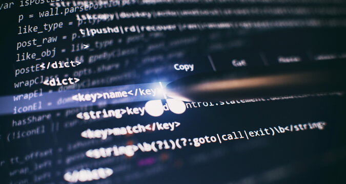 Abstract computer script code. Programming code screen of software developer. Software Programming Work Time.