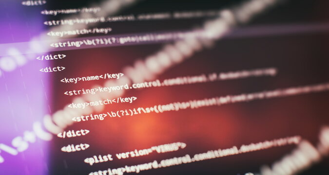 Abstract computer script code. Programming code screen of software developer. Software Programming Work Time.