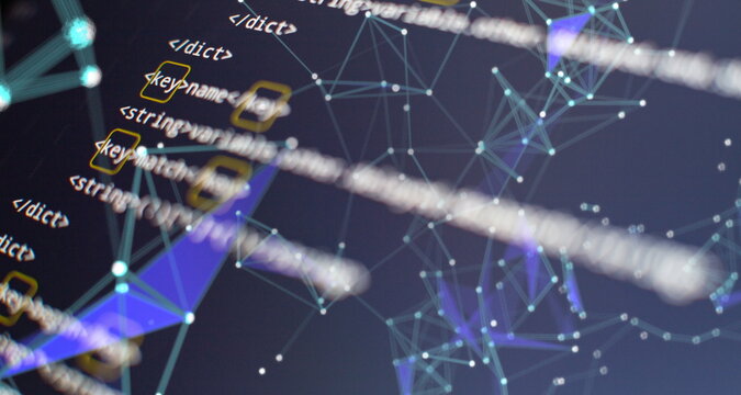 Website HTML Code on the Laptop Display Closeup Photo. Modern tech. Innovative startup project.