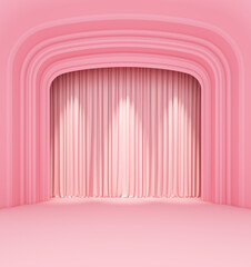 empty theater stage curtains show spotlight arches pink pastel. display showtime festival background . element object with clipping path. 3D Illustration. - obrazy, fototapety, plakaty