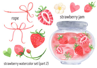Strawberry jam watercolor illustration. Glass jar of jam, marmalade, confiture. Home preservation. Juicy strawberry, red berries. Summer food illustration