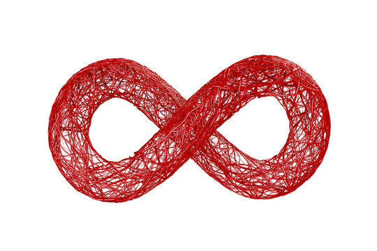 Spiral Infinity Blood Red Veins, Arteries, Aorta Knit Tangled String White Background. Medical Science In Lab. Gene Dna Or Vascular Disease Circulatory System. Isolated Clipping Path. 3D Illustration.