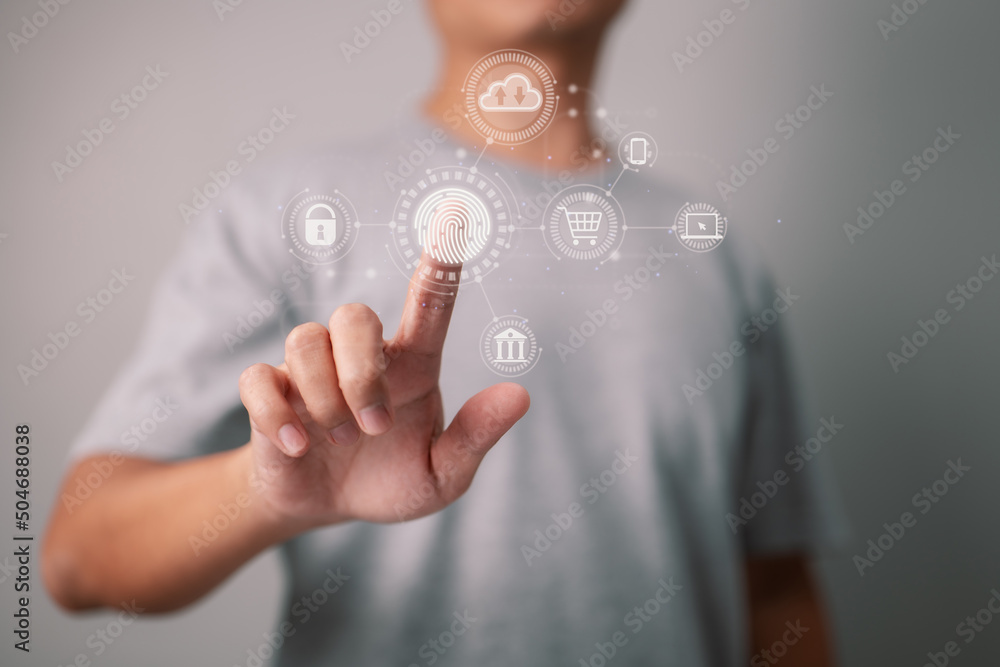 Poster Online transactions, Businessman touching fingerprint scan gives security interface payment shopping banking and cloud computing network connection on virtual screen.