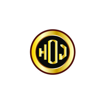 HOJ letter circle logo design. HOJ letter logo design with black background. HOJ creative letter logo with gold colors.
