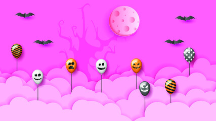 Obraz na płótnie Canvas Orange Paper Cut Background Vector Halloween Clouds Spooky Scary Horror Holiday Elements Design Style Balloons Bats Moon