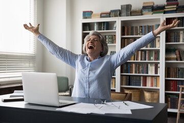 Happy euphoric mature business professional woman excited with job success, winning prize, making...