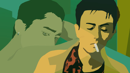Naklejka premium A man rests his head on his right arm and looks at another handsome guy whose eyes is closed and is smoking a cigarette, on a green background, vector illustration.