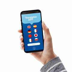 Female traveler using a translation app On white background