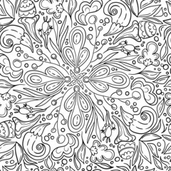 Vector seamless black and white pattern with flowers and leaves in lineart style