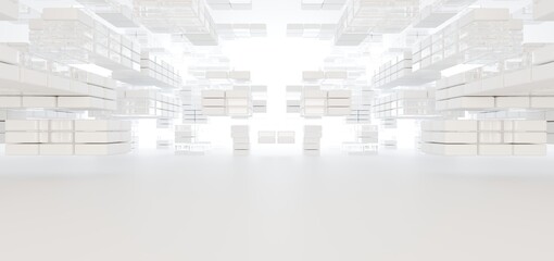 Luxury white abstract architectural minimalistic background. Contemporary showroom. Modern  exhibition stand. Empty gallery. Backlight. Polygonal Graphic Design. 3D illustration and rendering.