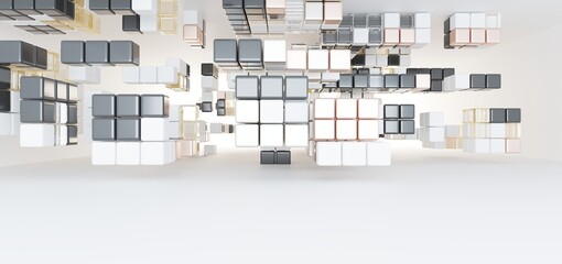 Luxury parametric abstract architectural minimalistic background. Contemporary showroom. Modern colored glass exhibition tunnel. Empty gallery. Backlight. 3D illustration and rendering.