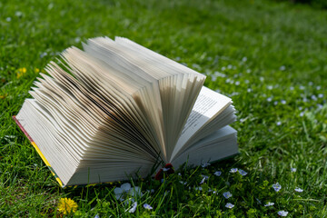 Open book on green grass. Education kids concept. Fantasy or fairy tale book