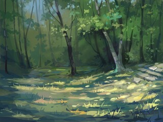 Forest landscape with sunlight, digital painting