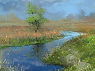 Landscape with river and tree, digital painting