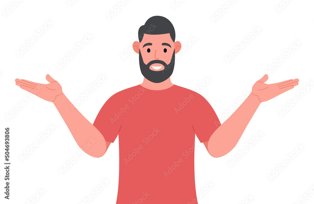 Aufkleber a bearded man is wearing a red t-shirt and pointing to the side and showing something. vector illust