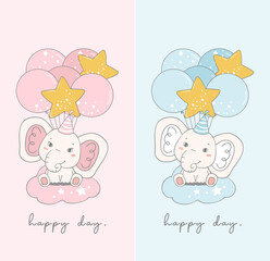 cute baby blue boy and pink girl elephant sitting on cloud with balloons, cartoon nursery doodle animal wildlife illustration vector