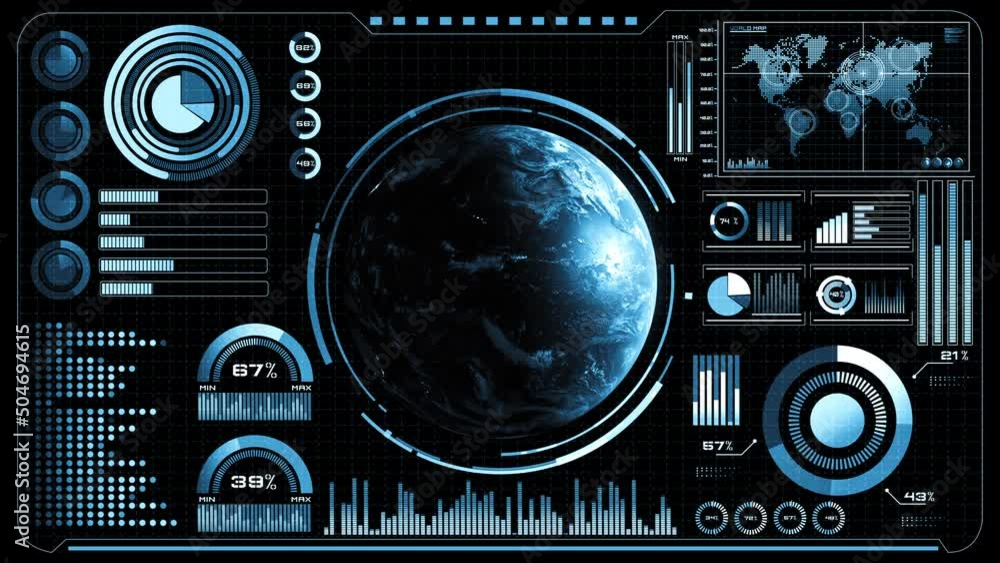 Poster futuristic vr head-up display design with orbital global network 3d rendering motion graphic . hud e