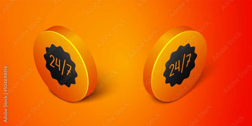 Poster isometric clock 24 hours icon isolated on orange background. all day cyclic icon. 24 hours service s