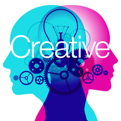 A male and female side silhouette positioned back-to-back, overlaid with various sized translucent light bulbs and gears shapes. The word "Creative" is placed across the centre.