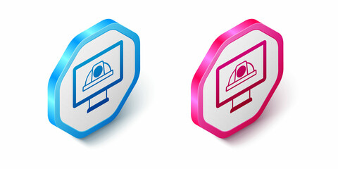 Fototapeta premium Isometric Worker safety helmet icon isolated on white background. Hexagon button. Vector