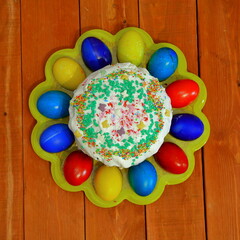 Fototapeta na wymiar Easter colored eggs. Kulich. Christ is the resurrection. Orthodox holiday.