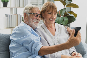 Grandma and grandpa using smartphone video calling with kids at home.