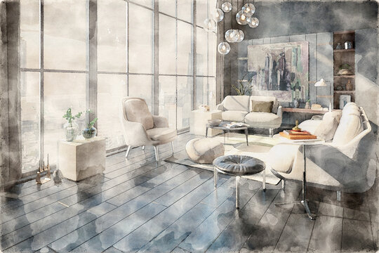 Watercolor Painting of a Furnishing Inside a Modern Style Panorama Apartment - 3D Visualization