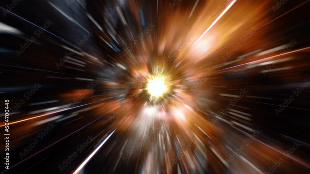Poster loop abstract jump in center star burst in hyperspace tunnel. space travel flight in glow yellow ora