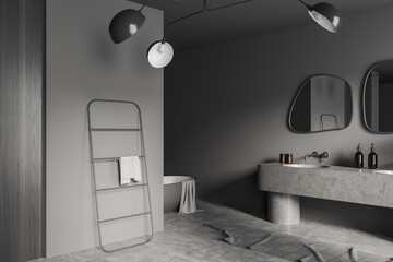 Grey bathroom interior with sink, bathtub and towel rail ladder