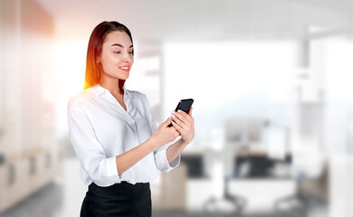 Young attractive businesswoman wearing formal wear is standing h