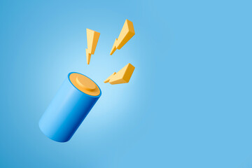 Power battery with lightning on blue background. Copy space