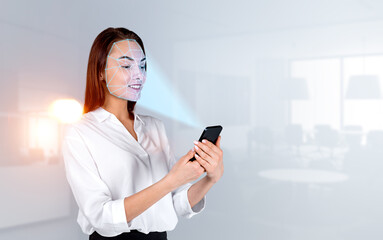 Fototapeta na wymiar Businesswoman with phone and biometric scanning, office room