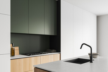 Light cooking interior with countertop, sink and white shelves