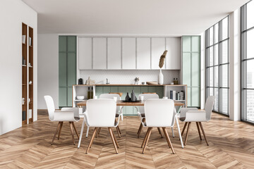 Kitchen interior with eating table and seats, island and panoramic window - obrazy, fototapety, plakaty
