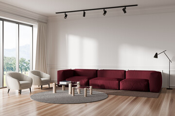 Light relax room interior with couch and armchair, window and mockup